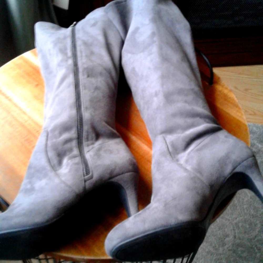 Gray Suede Knee-High Boots